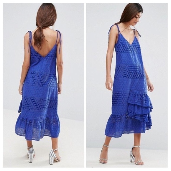 ASOS Blue Eyelet Lace Tie Shoulder Dress - Picture 1 of 4